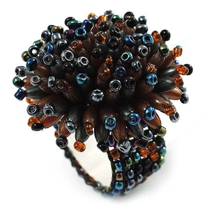 Multicoloured Glass Bead Flower Stretch Ring - Picture 1 of 4