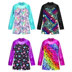Kids Girls Unitard Gym Swimsuit Ballet Jumpsuit Shiny Activewear Running Dance - Picture 1 of 48