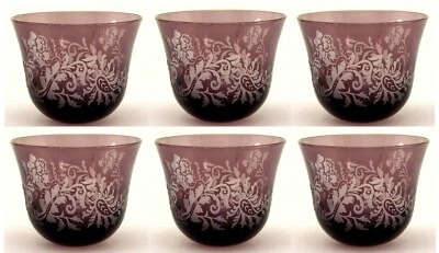 Votive Candle Holder Glass Amethyst Etched Leaf Design 3"Dia 2.5"High Set of 6 - Image 1 of 3