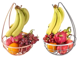 Fruit Basket with Banana Hanger Hook – Chrome Wire Elegant Vegetable Stand Bowl - Picture 1 of 11