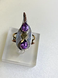 Sterling Silver 925 Ring Three Metals Copper Brass Amethyst 4.81g Size Q1/2 - Picture 1 of 7