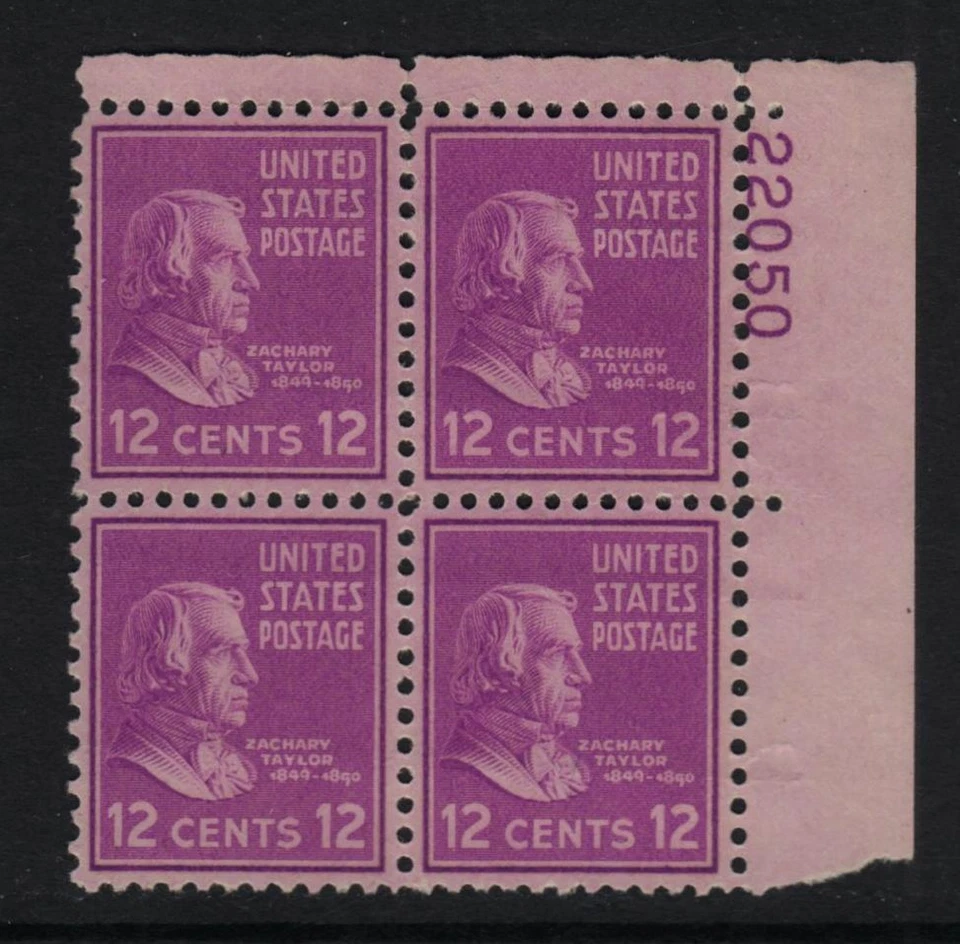1938 Zachary Taylor Prexy 12c Sc 817 MNH nice OG XF eye plate block 22050 (05 - Image 1 of 1