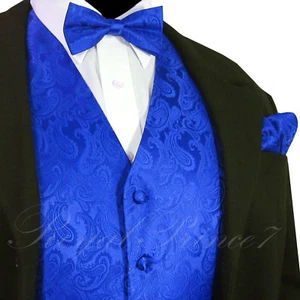 ROYAL Blue Men's Paisley Tuxedo Suit Dress Vest Waistcoat & Bow tie & And Hankie - Picture 1 of 4