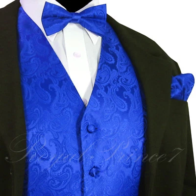 ROYAL Blue Men's Paisley Tuxedo Suit Dress Vest Waistcoat & Bow tie & And Hankie - Image 1 of 4
