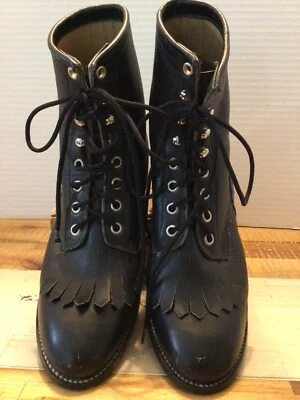 Justin Kiltie Botas Cuero Negro Western Roper Con Cordones Vaquera Estilo 5 1/2D 506 Foto 1 de 4