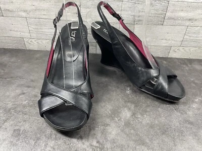 Sandalias de cuña Taryn Rose para mujer 8,5 M zapatos de cuero negro cómodos con cordones Foto 1 de 4