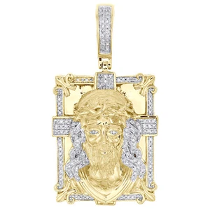 10K Yellow Gold Diamond Fleur De Lis Rectangle Jesus Face Cross Pendant 1/2 CT - Picture 1 of 6