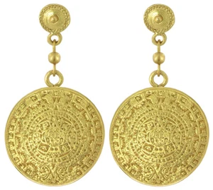 24k GP Pre-Columbian Aztec Calendar 1.9" Dangle Earrings| Across The Puddle - Picture 1 of 4