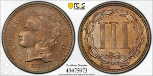 1867 Three Cent Nickel 3CN PCGS AU55 ~LQQK!~ - Picture 1 of 11