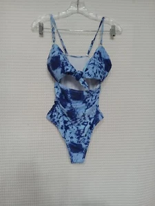 Damen Badeanzug Einteiler Ausschnitt mit Schleife blau Batik verstellbarer Träger Gr. Small - Bild 1 von 4