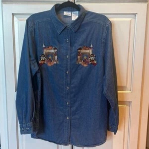Vintage 80er Denim Knopfleiste Bobbie Brooks große Bären Thanksgiving bestickt - Bild 1 von 6