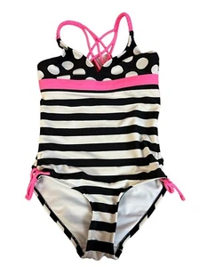 Girls SO Swimsuit Size 10, Black/White Stripes, Pink Straps - Picture 1 of 8
