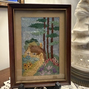 Vtg Framed Cross-Stitched Log Cabin Home w/Beautiful Colorful Flowers Stone Path - Picture 1 of 4