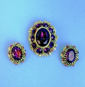 Vintage Purple Gemstone Brooch and Clip On Earrings Jewelry set - Picture 1 of 14