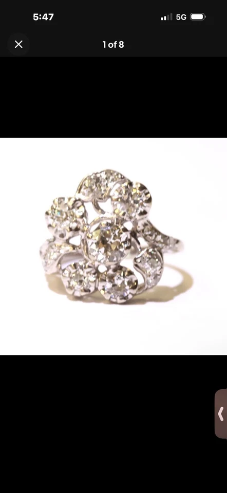 Anillo de moda de diamantes naturales europeos antiguos de oro blanco de 14k de 1,14 quilates 5,8 g vintage 8,5 Foto 1 de 4