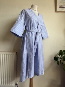 DAGMAR 100% Organic Cotton Midi Shirt Dress. UK 8 10 12. 44" Blue White Striped - Picture 1 of 13