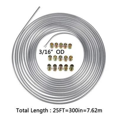 Silver 3/16 inch 25 feet with 16pc Fitting Kit Steel Zinc Brake Line Tubing Coil - Image 1 of 4