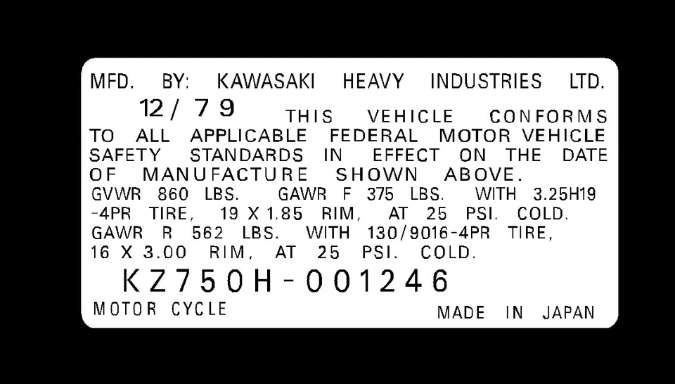 KAWASAKI KZ 750H1  HEADTUBE TAG  / REPRO DECAL KZ750 LTD Foto 1 de 1