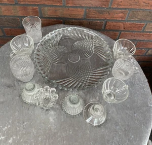 Vintage Cut Glass Lot 11 Piece Punch Bowl Cups Platter Candle Holders Mugs VTG - Picture 1 of 12