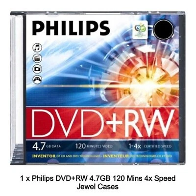 Philips DVD+RW 4.7GB Disc 120Min 4x Speed Jewel Case Rewritable Blank Discs LOT - Image 1 of 4