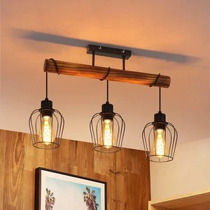 ZMH E27 Vintage Deckenleuchte 3 Flammig Hängende Holz Deckenlampe für Wohnzimmer - Bild 1 von 8