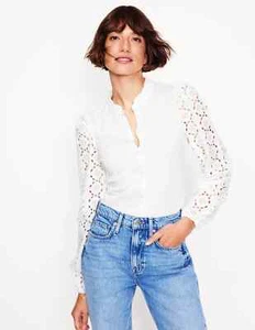 Blusa Boden Eden Broderie para mujer 4 blanca Henley encaje manga abullonada abotonada - Imagen 1 de 6