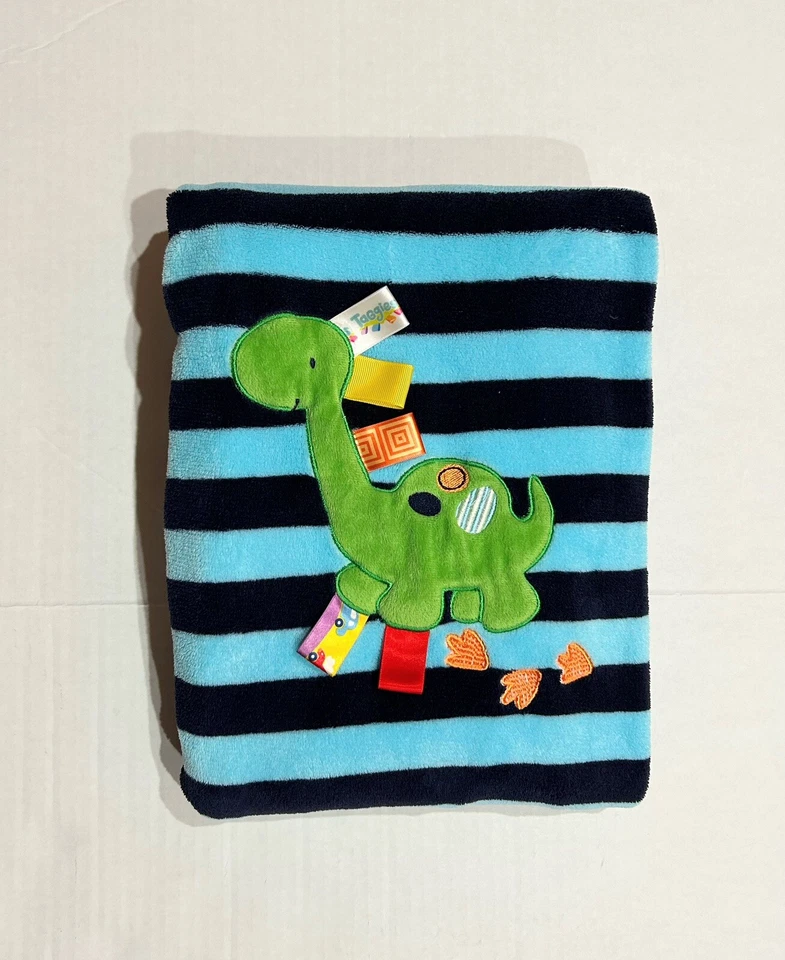 TAGGIES Plush Baby Toddler Blanket Blue Navy Striped Embroidered Dinosaur 29x38” - Image 1 of 4