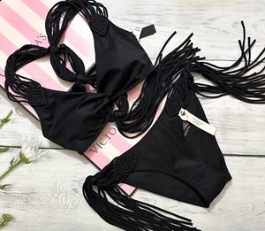 Victoria's Secret Swim Macrame Fringe Bralette Cheeky Set Black - Picture 1 of 5