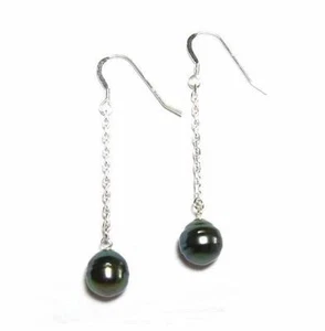 Pendientes de gancho colgantes barrocos de perlas negras de Tahití de 9-10 mm en plata de ley 925 - Imagen 1 de 1