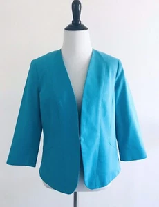 Kate Rosy Blazer Size S Blue 3/4 Sleeves Lined Open Front Collarless Jacket - Picture 1 of 9
