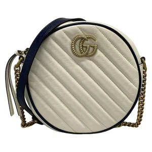 Auth GUCCI GG Marmont 550154 White Navy Leather - Shoulder Bag - Picture 1 of 20
