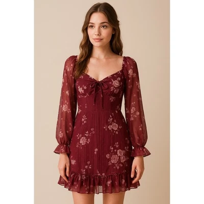 Mini vestido floral borgonha B. Darlin chiffon romântico boho cottagecore tamanho 0 - Imagem 1 de 4