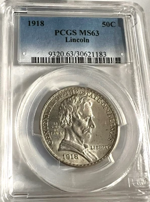 1918 Lincoln Silver Commemorative Half Dollar PCGS MS 63-Nice White Coin! - Image 1 of 4