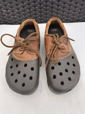 Crocs Men’s Size 6 Khaki / Brown Lace Up Casual Boat Shoes Woman’s Size 8 - Image 1 of 4