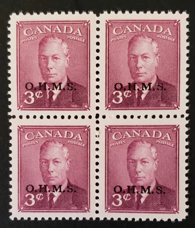 Stamps Canada Back of Book: O14  3c rose violet Geo. Vl OHMS blk. of 4  VF MNH - Image 1 of 1