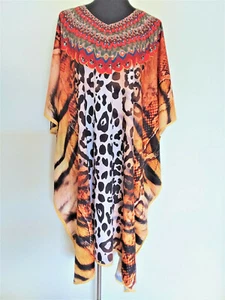 EMBELLISHED DIGITAL MULTI COLOURED ANIMAL PRINT V NECK CREPE KAFTAN/DRESS KC21 - Picture 1 of 3