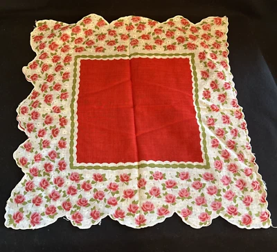 Vintage Ladies Handkerchief Solid Red Roses Border Scalloped Edge Clean - Image 1 of 4