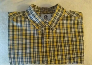 Arizona Jeans Co. S Sleeve Cotton Button-Down Shirt Yellow Blue White Plaid, L - Picture 1 of 6