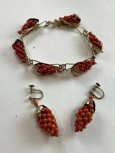 Antique Victorian 835 Gilt Silver Coral Grape Cluster Earrings Bracelet Set - Picture 1 of 11