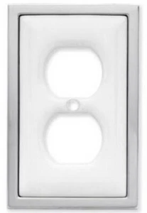 Single Duplex Outlet Wall Plate - White Ceramic with Chrome - Picture 1 of 1