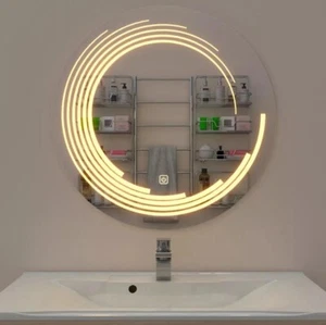 Round Moon LED Mirror HD 80x80cm Defogger Dimmable Lighted Modern Home Bathrooms - Picture 1 of 2