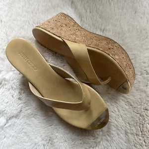 Jimmy Choo Natural Patent Leather Platform Cork Wedge Sandals Thong - Picture 1 of 11