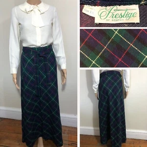 vtg 60s/70s Plaid Maxi Skirt 30" Waist Belt Wool Green Tartan Plaid PRESTIGE - Picture 1 of 22