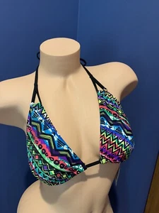 M Triangle String Bikini Top Black Colorful Swim Suit MY13374T California Waves - Picture 1 of 8