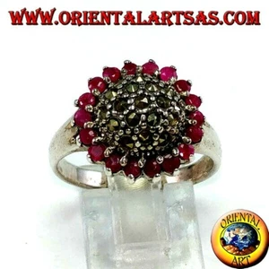 Anillo de Plata 925‰ Redondo con Una Semiesfera Marcasita Adornado 18 Rubíes - Imagen 1 de 2