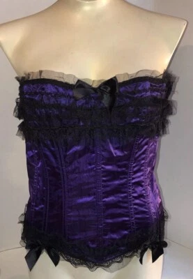VTG Shirley Of Hollywood Purple Satin Black Bow Lace Ribbon Bustier Corset Sz M - Image 1 of 4