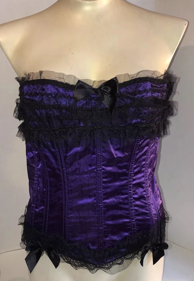 VTG Shirley Of Hollywood Purple Satin Black Bow Lace Ribbon Bustier Corset Sz M - Image 1 of 4