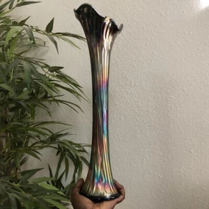 RARE Fenton Iridescent Rainbow Carnival Glass 17” Tall Swung Vase Tie Dye Rib - Picture 1 of 8