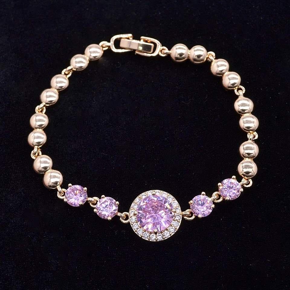 18K Yellow Gold Filled Women Lovely Pink Mystic Topaz Round Charm Bracelet - Image 1 of 1