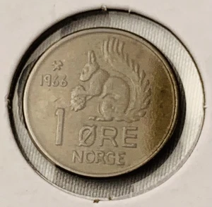 1966 Norwegen 1 Erz Münze Bronze Eichhörnchen Tier Wildtiere Nordische Weltwährung - Bild 1 von 4